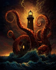 Kraken octopus monster wrapping around the lighthouse at sea in the night. Crashing and splashing waves and thunder in the purple sky. Generative Ai