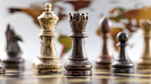 Strategic wooden chess pieces arranged in front of a world map symbolizing global strategy and intellectual challenge in competitive gameplay settings