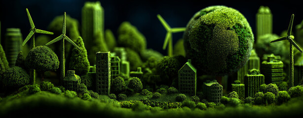 Sustainable digital art showcasing green cityscape with wind turbines and trees