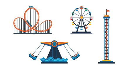 Colorful amusement park rides including a roller coaster and ferris wheel