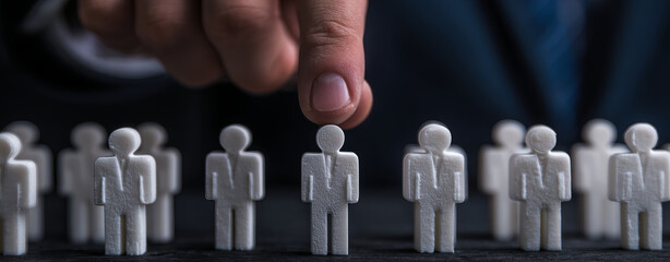 Selecting figure from group of miniature people symbolizes decision making and leadership