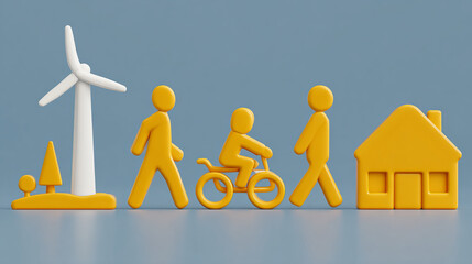 Renewable energy symbols with people and bicycle, promoting sustainability and eco friendly