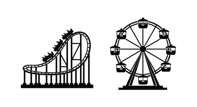 Amusement park rides including a rollercoaster and a ferris wheel shown