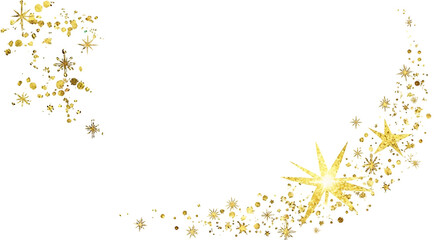 Golden sparkling starbursts and glitter particles forming a festive curved trail isolated on transparent background