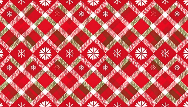 Diagonal red and white plaid pattern with green and brown accents and small white snowflake accents throughout