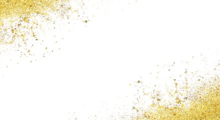 Abstract golden glitter particles scattered across a dark black background with a transparent background overlay effect isolated on transparent background