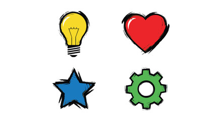 Simple hand drawn icons featuring a lightbulb heart star and gear