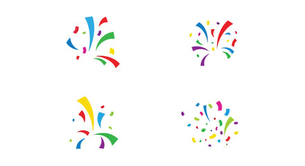Colorful firework bursts and scattered confetti elements on a white background