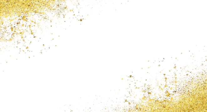 Abstract golden glitter particles scattered across a dark black background with a transparent background overlay effect isolated on transparent background