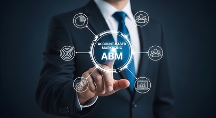 A businessman in a suit touches a digital display showing "ABM" (Account-Based Marketing) surrounded by related icons.