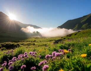 A lush green valley filled with wildflowers, sunlight breaking through morning mist, ultra-realistic landscape.