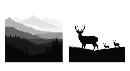 Silhouette of deer against a mountainous landscape in grayscale tones