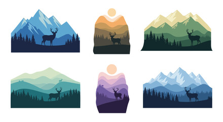 Stylized mountain landscapes featuring deer silhouettes in varying color schemes