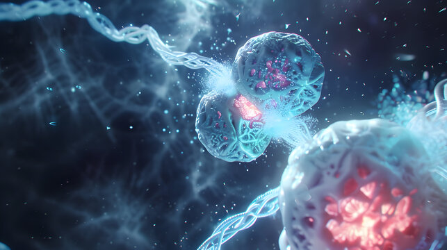 Glowing 3D illustration of meiosis focusing on chromosome pairing and cell division under a digital microscope.