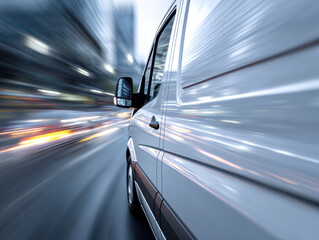 White delivery van speeding through a blurred city street at night with dynamic motion blur conveying fast urban transportation and logistics service