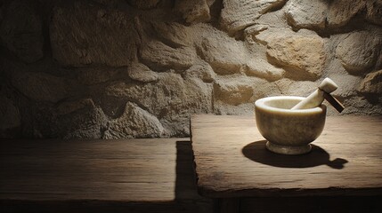 Marble Mortar and Pestle, Vintage Textured, on a Rustic Wooden Table Against a Stone Wall with Dramatic Light and Shadow, Side View, copy space