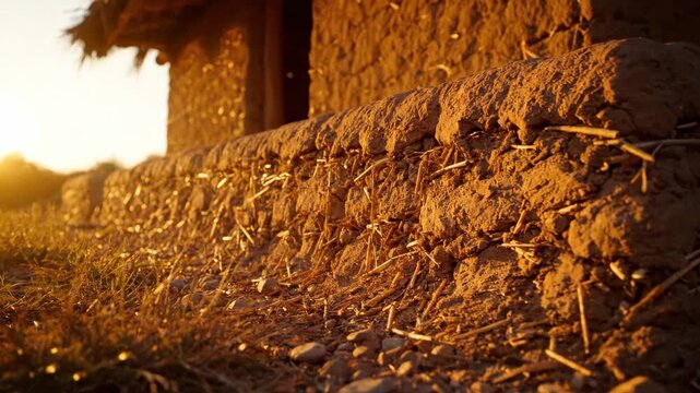 Rustic clay construction illuminated by setting sun, natural scenery