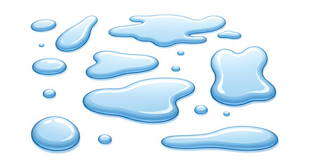 Collection of realistic light blue water splashes and drops in various shapes and sizes isolated on transparent background