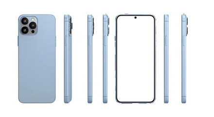 Modern light blue smartphone with camera array shown from multiple angles isolated on transparent...