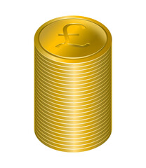 A stack of golden coins with pound sterling currency symbol arranged in regular manner. Money concept, isolated on transparent background.