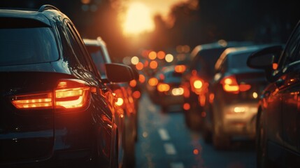 Fototapeta premium Evening Traffic Jam with Car Lights Glowing in the Sunset Creating a Beautiful Urban Scene Filled with Warm Colors and Dynamic Movement