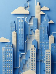 Fototapeta premium Urban Exploration in Minimalistic Flat Illustration with Blue Tones and Clouds