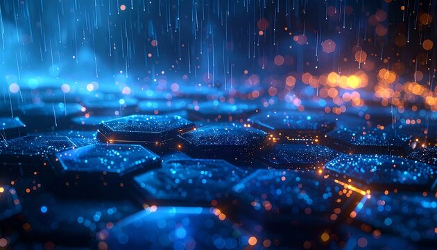 Digital abstract of interconnected hexagonal shapes bathed in blue and orange light, with glowing particles and vertical lines, creating a futuristic atmosphere