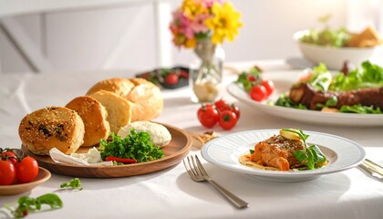 A light-filled scene presents a beautifully arranged meal with bread, pasta, and vegetables, adorned with fresh flowers