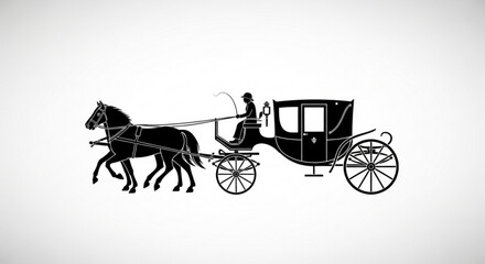Illustration of a horsedrawn carriage with a coachman, the carriage is black and the background is white