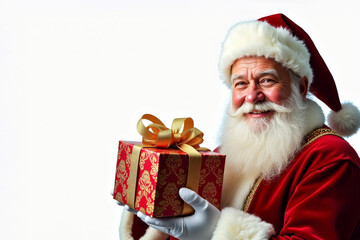 Elegant Santa Claus with gift box on white background. Classic Santa holding Christmas present with smile. Holiday portrait of Santa with copy space PNG.