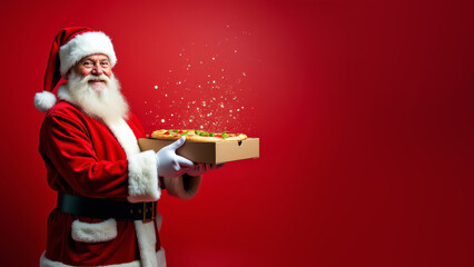 Santa Claus pizza delivery man on red background with space for text. Jolly Santa holding pizza box festive banner. Christmas pizza delivery concept with Santa in red suit.