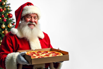Santa Claus pizza delivery man near Christmas tree. Festive Santa holding pizza box on white background. Merry Christmas pizza concept with cheerful Santa.