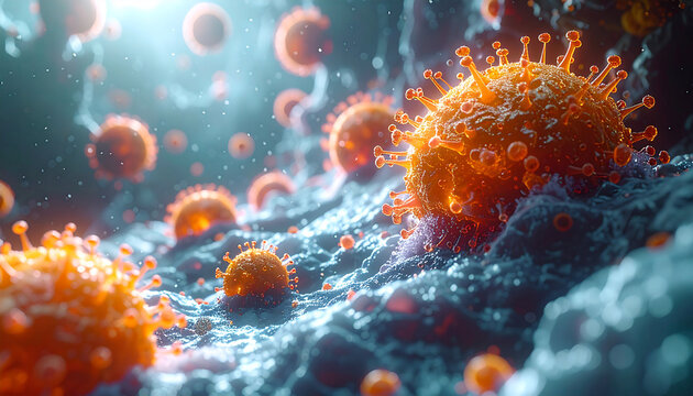 Microscopic Menace: A high-definition view of the deadly viral entity with its intimidating structure, a silent threat that can induce illness. 