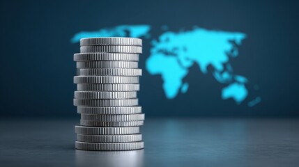 Stacked Silver Coins in Front of a World Map Background Displaying Global Financial Concepts and Economic Growth Opportunities