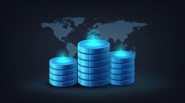 Digital Coins Stacked with Blue Glow and World Map Background for Financial Concepts and Investments