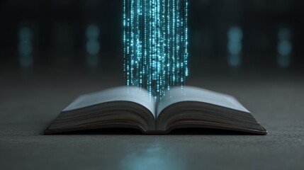 Open Book with Glowing Digital Code Emanating, Symbolizing Knowledge and Technology Fusion in Modern Learning Environments