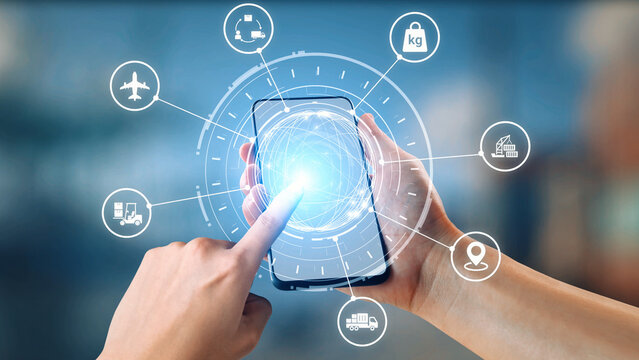 Fototapeta Logistics icons illustrate delivery, supply chain, warehouse, and shipping. Logistics connects global trade, logistics optimizes transport, and logistics supports inventory tracking. Gist