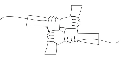  Continuous one line drawing group of young male and female business people unite their hands together to form a five star shape. Unity teamwork concept single line draw design vector illustration