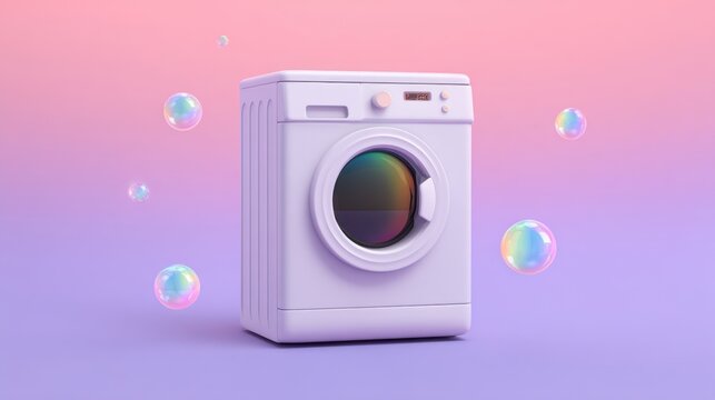 Modern washing machine with colorful bubbles against a pastel gradient background for household appliance imagery