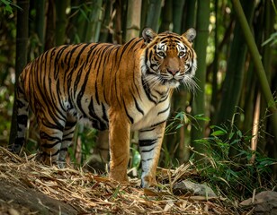 Obraz premium A majestic Bengal tiger stands regally, its orange and black stripes contrasting against verdant bamboo foliage. It's alert