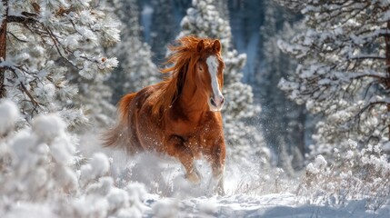 Obraz premium A fiery red horse rears up in a snowy pine forest, festive New-Year 2026 card template