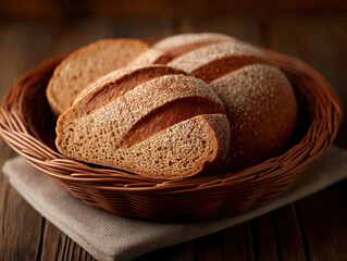 Rustic basket filled with freshly baked whole grain bread on wooden table, evoking warmth and homeliness