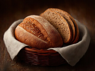 Rustic basket filled with freshly baked whole grain bread, with slices revealing its soft texture and golden crust