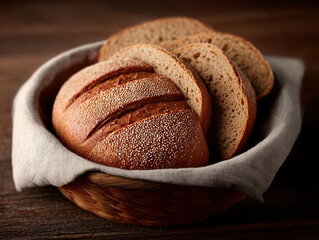 Rustic basket filled with freshly baked whole grain bread slices, placed wooden table, creating warm and inviting atmosphere