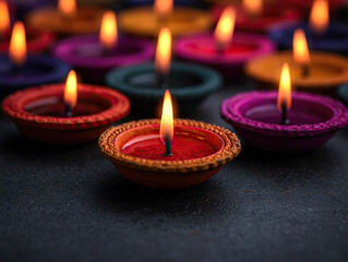 Colorful clay oil lamps with glowing flames arranged on dark surface, symbolizing festive warmth and celebration
