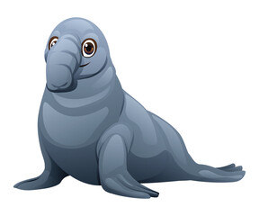 Cute smiling elephant seal with large nose resting on land with its flippers, marine animal mammal looking forward. Vector cartoon illustration