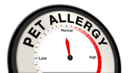 Pet allergy at normal severity displayed on a barometer or tachometer, indicating controlled allergic reactions, manageable symptoms, and the need for routine care and monitoring