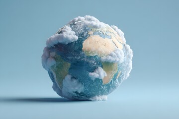Clean, brand-safe illustration of Planet Earth wrapped in soft cloud bands, set on a pastel blue studio background with generous copy space