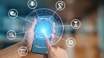 Predictive maintenance icons for industry, automation, smart factory and manufacturing showing data analysis, monitoring, robotics and system optimization with advanced maintenance solutions. Gist