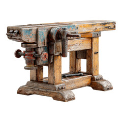 A weathered wooden workbench, featuring hand-operated clamps and vises, showing signs of aged craftsmanship and wear